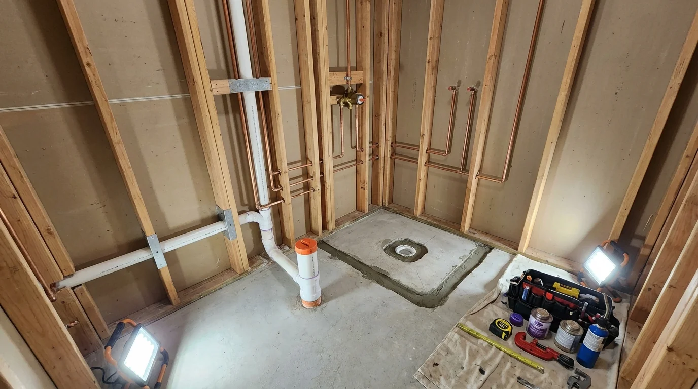 Bathroom rough-in plumbing during remodel by Johns Plumbing LLC in Murdo