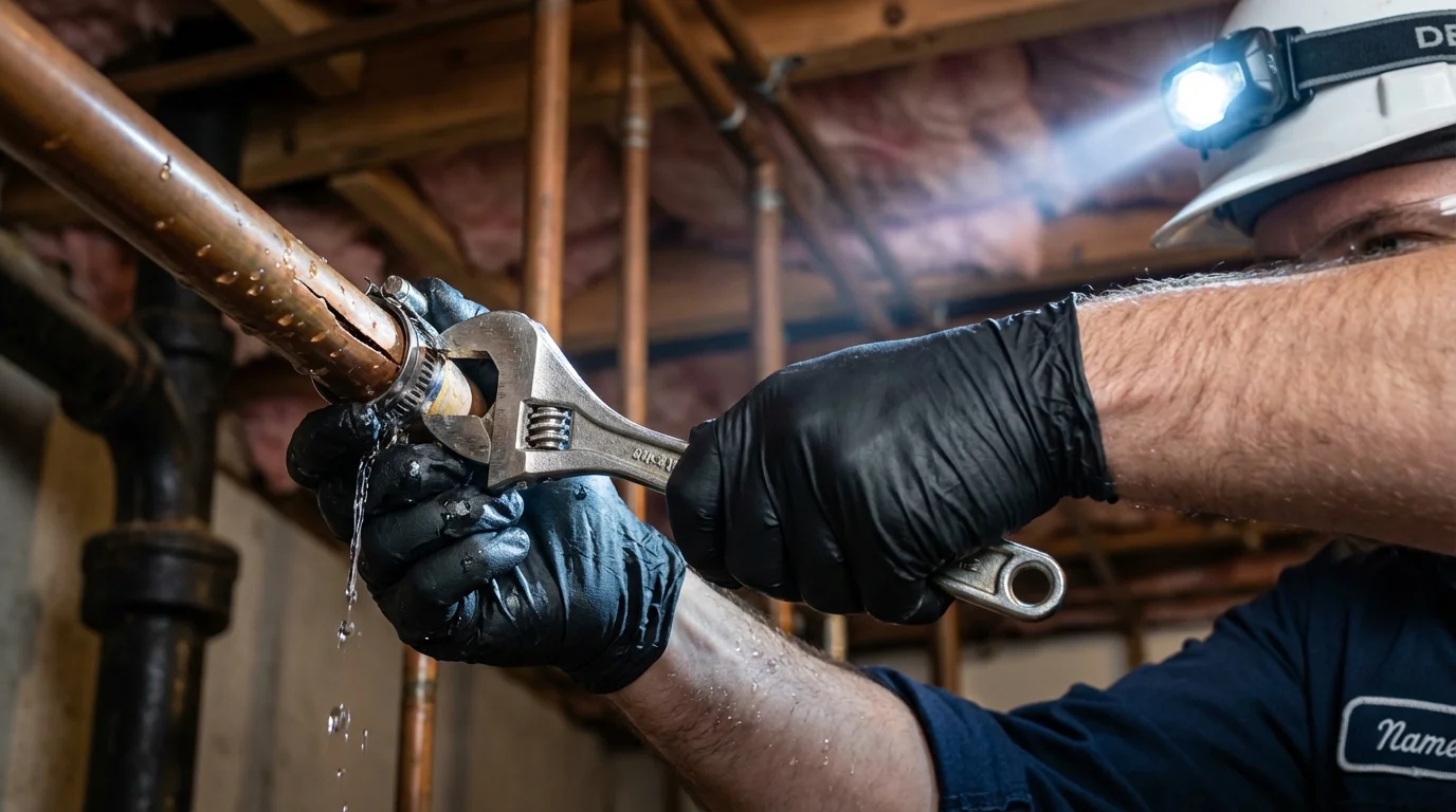 Emergency pipe clamp repair being performed by a Johns Plumbing LLC plumber in Murdo