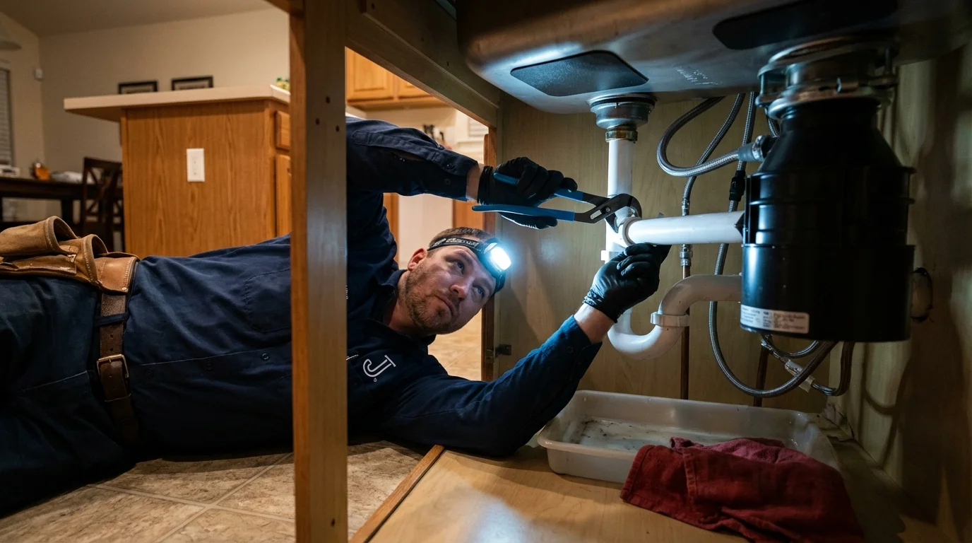 P-trap and supply line connections under a kitchen sink showing a common leak point in Murdo, SD